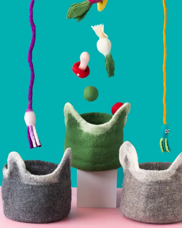 Felted cat beds with ears and hanging toys